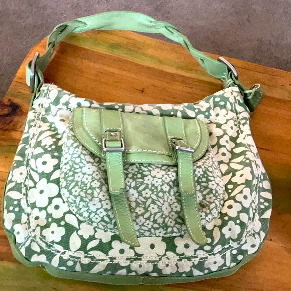 Fossil Green leather and floral canvas bag